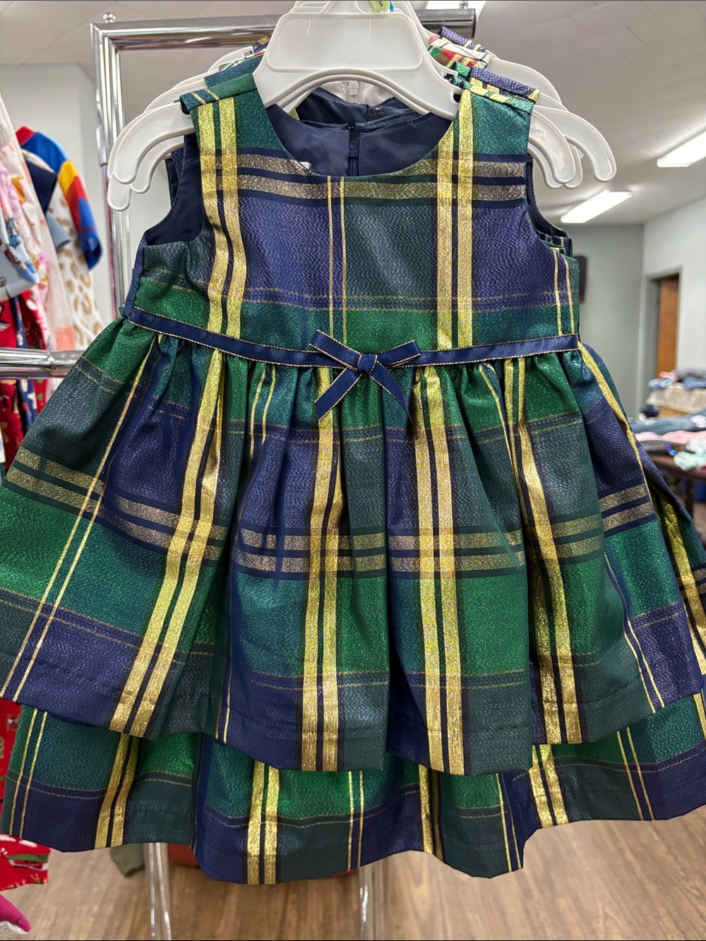 Bonnie Jean Green, Navy & Gold Plaid Party Dress